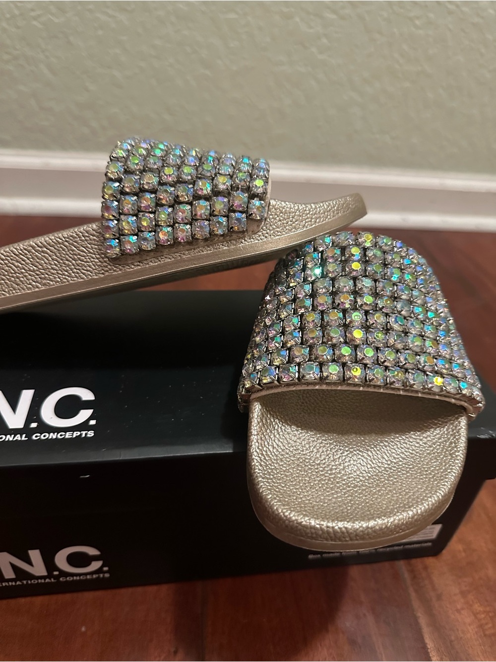 INC International Concepts Gold Crystal-Embellished Slide Sandals